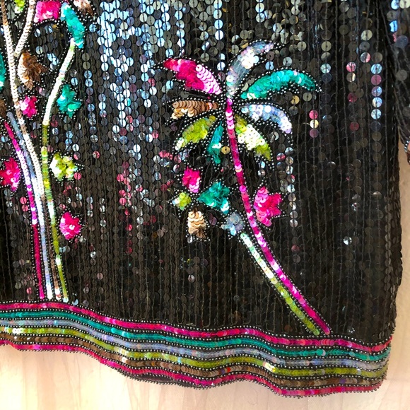 Vintage Creative Creations Black Sequined Silk Blouse with Palm Trees - Picture 5 of 6